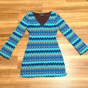 VTG Express Tricot Dress - Chevron Crochet Blue Yellow Bell Sleeve Retro